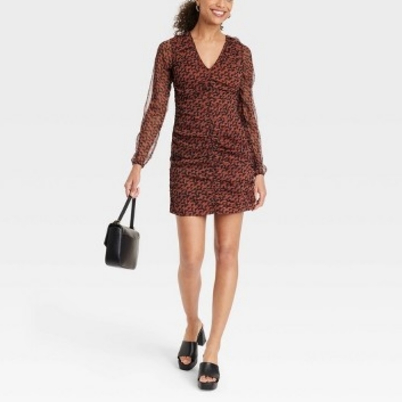 NWT A New Day Long Sleeve Ruched Front Bodycon Dress in Clay/Blk Combo - Picture 3 of 10